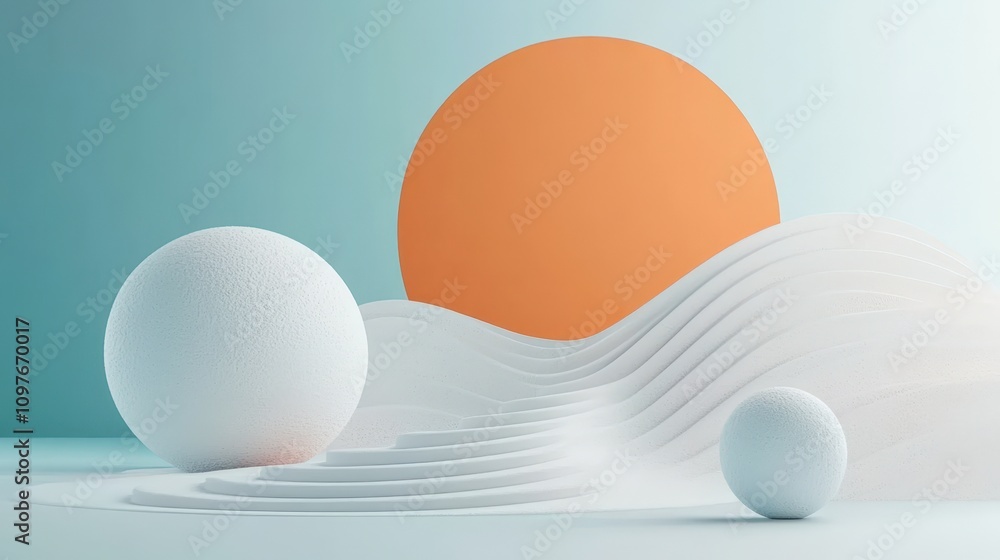 Fototapeta premium Abstract scene featuring a large orange sun behind smooth white waves and spherical shapes, perfect for backgrounds in modern design, branding, or art presentations,