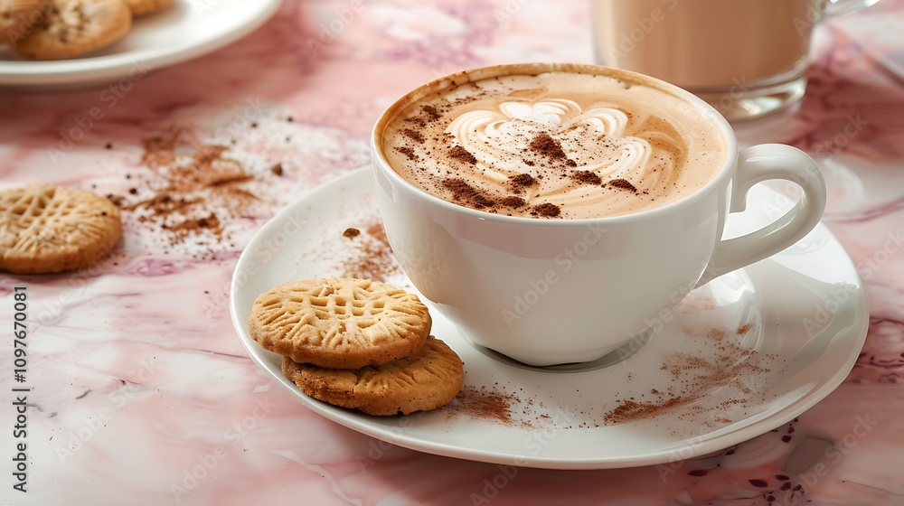 cup of cappuccino coffee with cookies on pink marble table drink cup of cappuccino coffee with cookies on pink marble table drink