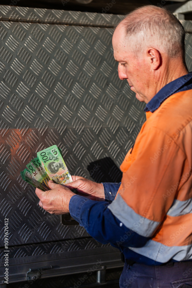 © Austockphoto - Middle aged man holding hundreds of dollars of Australian cash beside meal tool box on ute