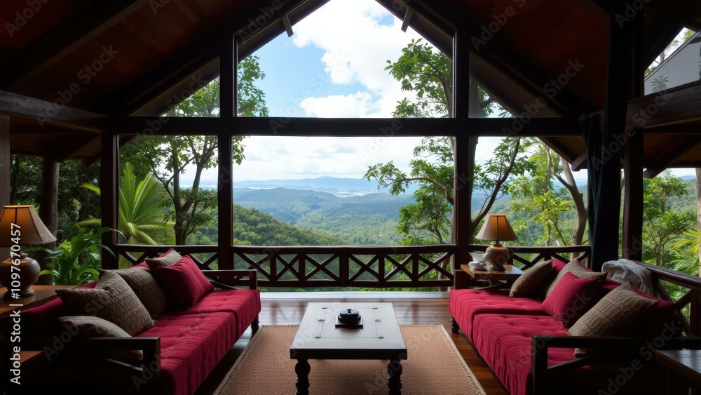 Fototapeta premium Experience Luxury Living with Stunning Mountain Views from a Cozy, Modern Living Room with Red Sofas and Large Windows