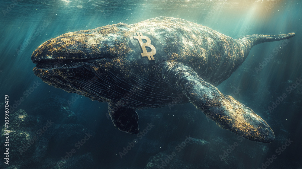 Obraz premium digital artwork featuring a stylized whale with a prominent Bitcoin symbol on its body floating against a blank background symbolizing the vast influence of cryptocurrency in modern digital finance
