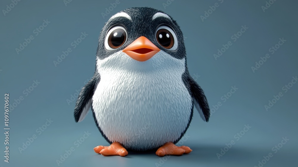 Adorable Cartoon Penguin with Big Eyes on a Blue Background Perfect for Children's Media and Merchandise Adorable Cartoon Penguin with Big Eyes on a Blue Background Perfect for Children's Media and Merchandise