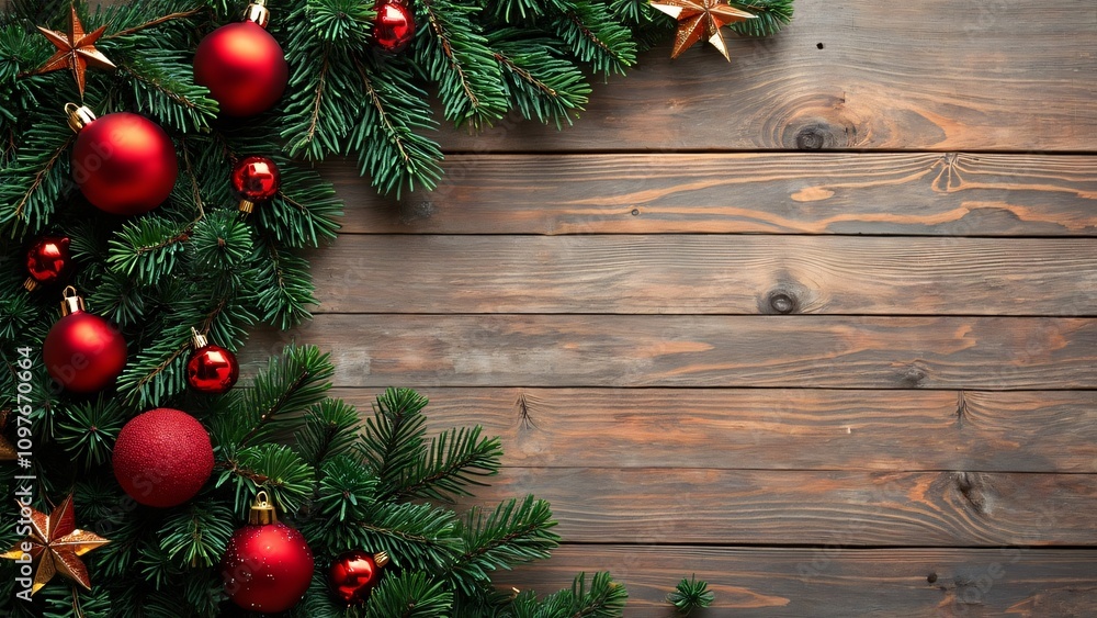 Christmas Tree Branches, Red Ornaments, Wooden Background, Festive Flat Lay Stock Photo Christmas Tree Branches, Red Ornaments, Wooden Background, Festive Flat Lay Stock Photo