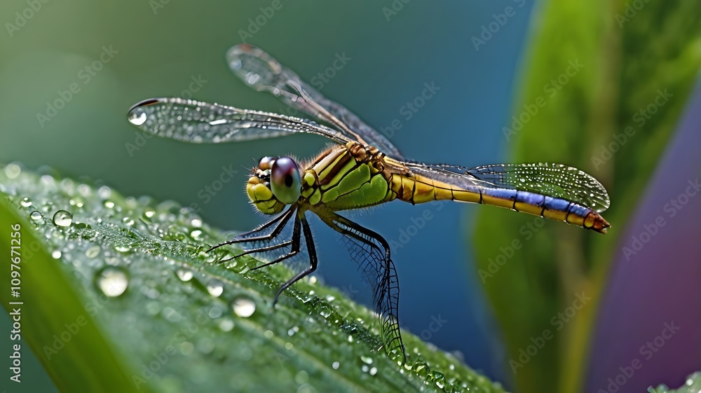 Beautiful dragonfly perched on a leaf with dewdrops at dawn in a serene garden Beautiful dragonfly perched on a leaf with dewdrops at dawn in a serene garden
