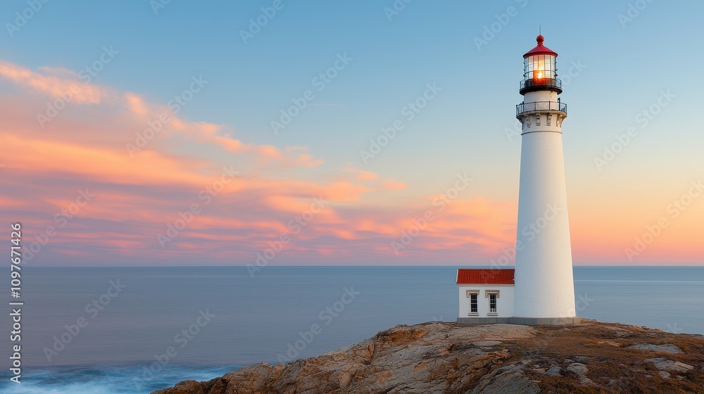 Majestic Lighthouse by the Ocean Against a Colorful Sunset Sky, Capturing the Beauty of Nature and Tranquility in a Coastal Landscape Scene Majestic Lighthouse by the Ocean Against a Colorful Sunset Sky, Capturing the Beauty of Nature and Tranquility in a Coastal Landscape Scene