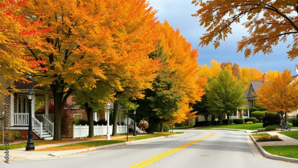 Naklejka premium Autumnal Suburban Bliss: Captivating Fall Foliage Lining Peaceful Neighborhood Streets