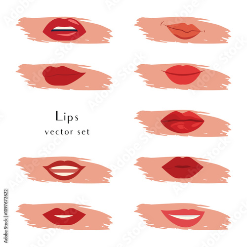 Set of realistic and cartoon female lips in different close-up poses on an isolated background. Vector.
