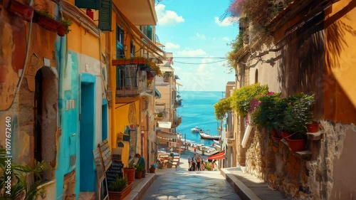 This charming coastal street features colorful houses and a scenic view of the sea. A perfect spot for relaxation and capturing beautiful moments.
