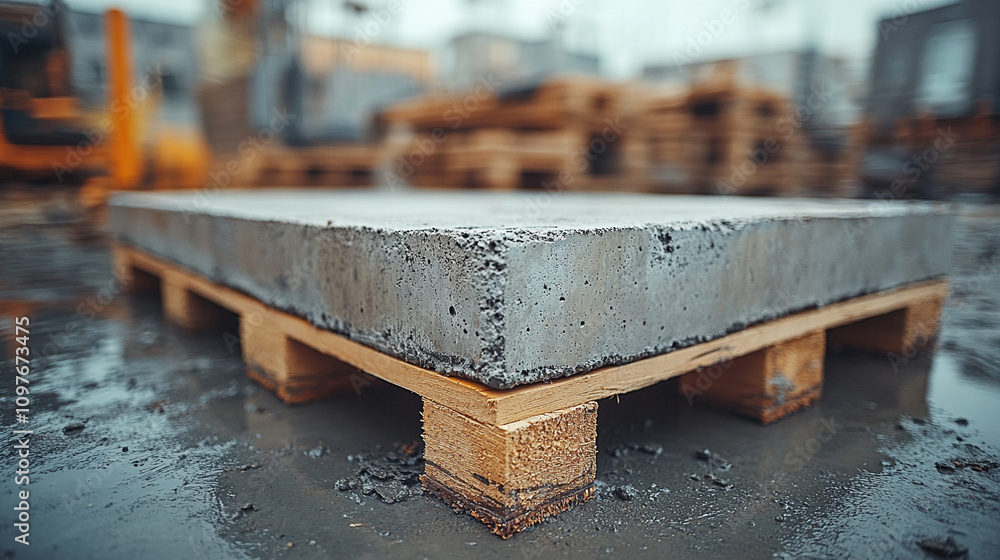 large block of concrete resting on a wooden pallet, symbolizing industrial strength, contrast between raw materials, and the foundation of construction or urban development large block of concrete resting on a wooden pallet, symbolizing industrial strength, contrast between raw materials, and the foundation of construction or urban development