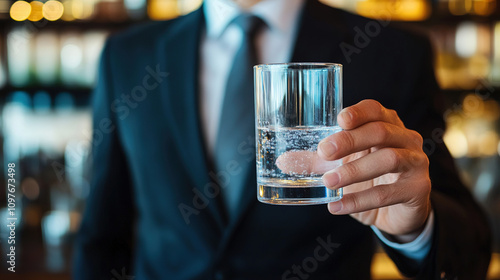 Wallpaper Mural Man in suit holding glass of water, symbolizing sobriety and alcohol safety, amidst bar counter with empty alcohol bottles. Torontodigital.ca