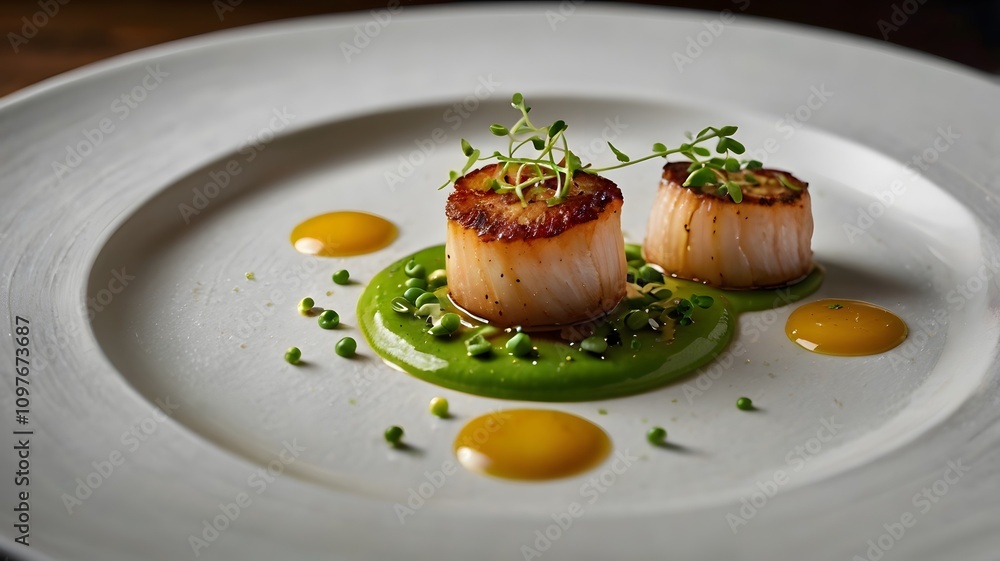 Exquisite seared scallop delicately arranged with microgreens and vibrant sauce on a fine dining plate Exquisite seared scallop delicately arranged with microgreens and vibrant sauce on a fine dining plate