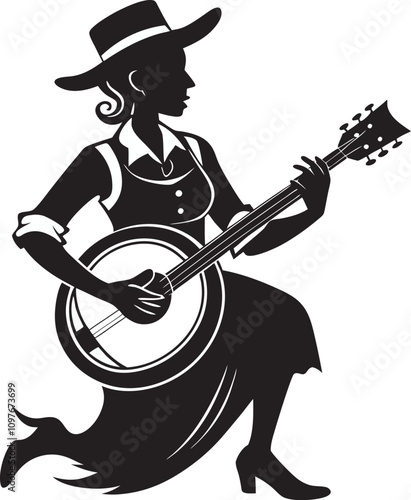 Minimalist Hillbilly Banjo Woman Silhouette - Vector Art