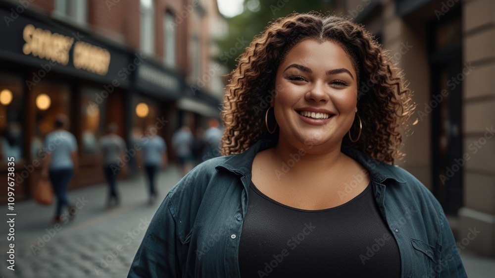 Happy plus-size woman on the street Happy plus-size woman on the street