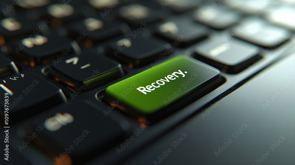 close-up view of a computer keyboard with a single green key highlighted. The key is labeled close-up view of a computer keyboard with a single green key highlighted. The key is labeled