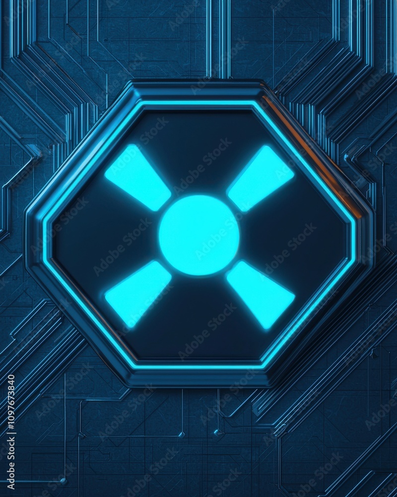 A futuristic blue hexagonal symbol with a central circle and radiating shapes, set against a dark, tech-inspired background. A futuristic blue hexagonal symbol with a central circle and radiating shapes, set against a dark, tech-inspired background.