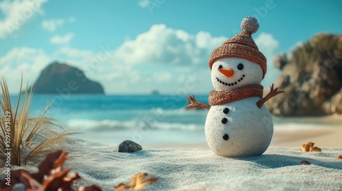 Cute snowman made of sand in winter hat and cap standing on tropical island beach with space for text. Christmas and New Year on the southern part of the Earth