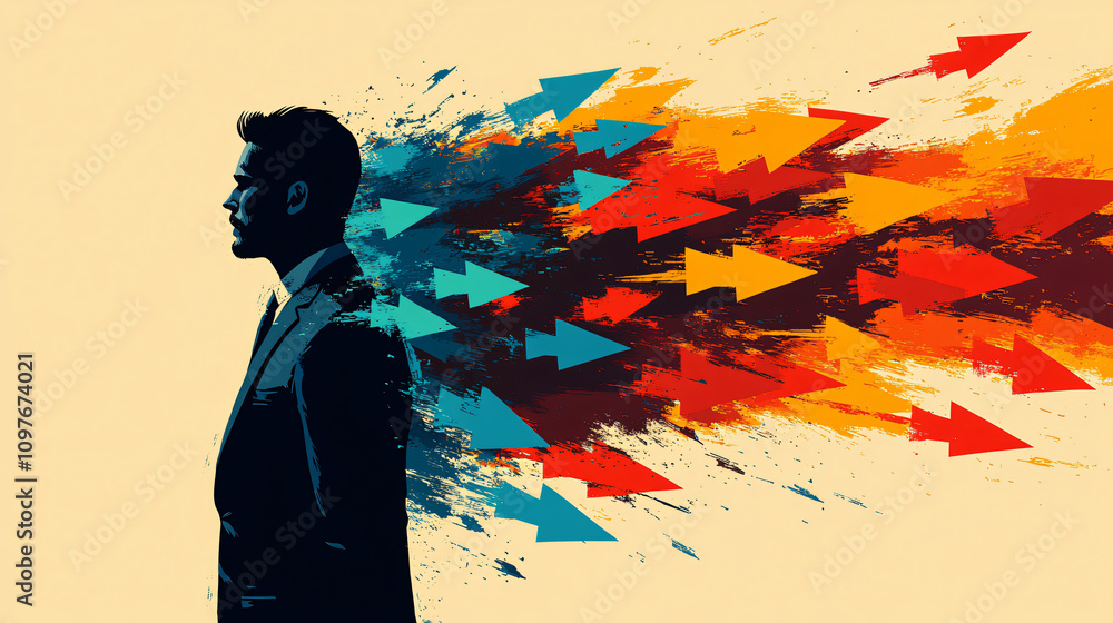 Obraz premium stylized silhouette of a man in a suit, from the side profile, facing to the right. From his shoulders and head emanates a burst of brightly concept of decision-making, ambition, or navigating multip