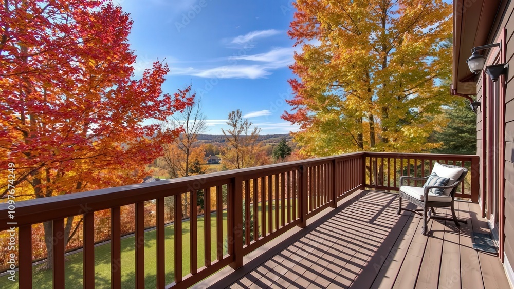 Experience Serenity on a Beautiful Autumn Day: Relax on a Deck Overlooking a Picturesque Fall Landscape Experience Serenity on a Beautiful Autumn Day: Relax on a Deck Overlooking a Picturesque Fall Landscape