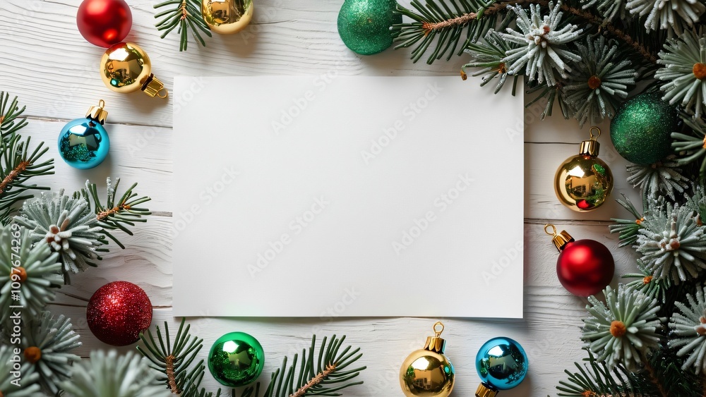Stylish Christmas Card Mockup, Blank Paper with Pine & Ornaments Stylish Christmas Card Mockup, Blank Paper with Pine & Ornaments