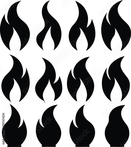 Black and White Fire Flame Vector Graphics: Set of 12 Isolated Flames for Design, Icons, Logos, and Creative Projects photo