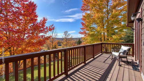 Experience Serenity on a Beautiful Autumn Day: Relax on a Deck Overlooking a Picturesque Fall Landscape photo