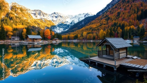 Serene Mountain Lake Retreat: Autumn Colors, Snow-Capped Peaks, and Cozy Cabins photo