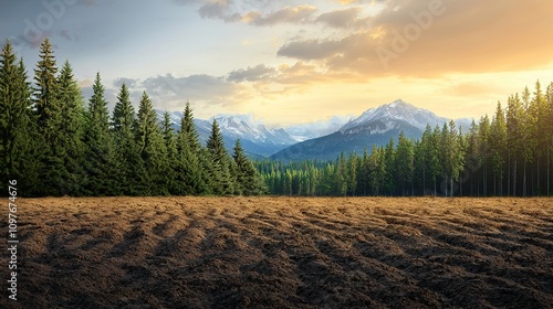 A forest overharvested for resources, showing deforested areas and exposed land, compared with a forest that has been sustainably managed and is rich in vegetation. photo