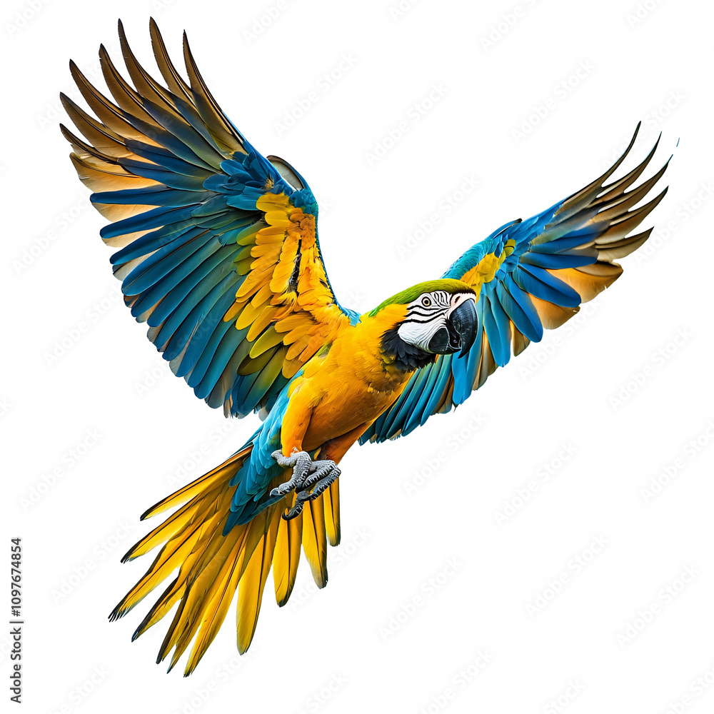 Fototapeta premium Macaw parrot in flight with wings fully spread isolated on transparent background.