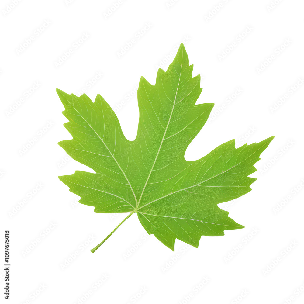 Fototapeta premium A vibrant green maple leaf, isolated on white background.