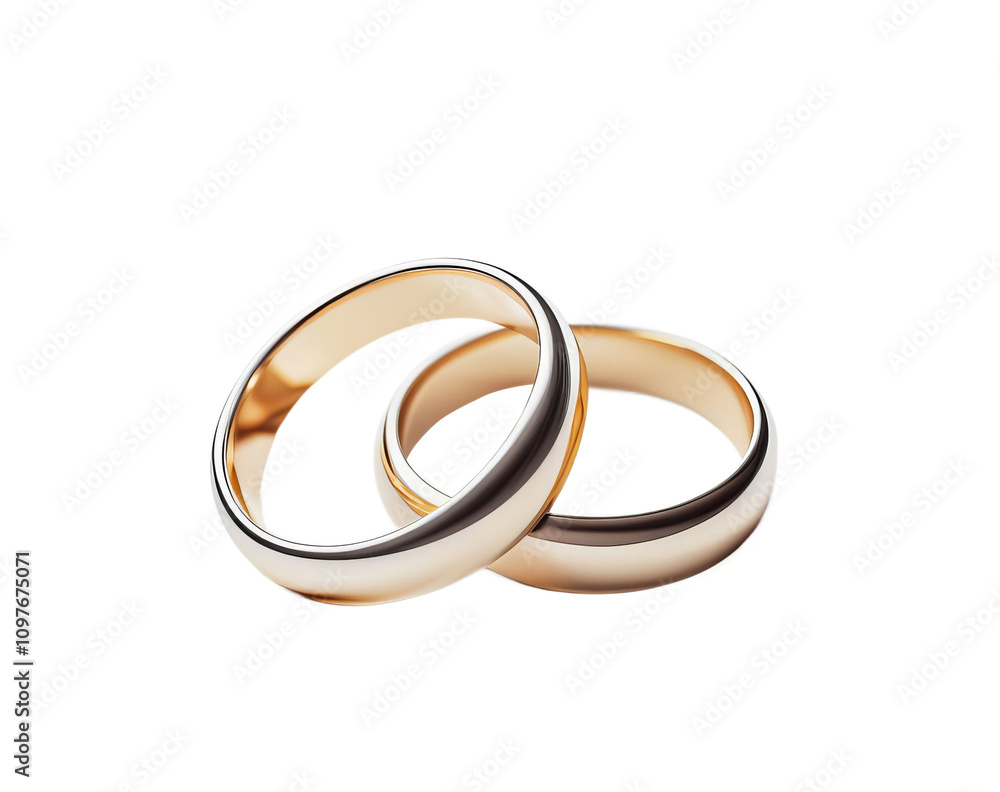Two golden wedding rings, a symbol of love and commitment, isolated on a white background Two golden wedding rings, a symbol of love and commitment, isolated on a white background
