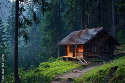 Secluded wooden cabin nestled in a misty, evergreen forest.