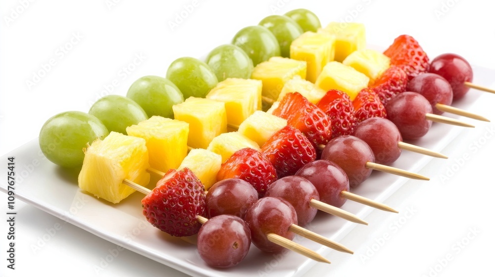 A platter of colorful fruit kabobs with skewers of ripe strawberries, juicy pineapple chunks, and sweet grapes A platter of colorful fruit kabobs with skewers of ripe strawberries, juicy pineapple chunks, and sweet grapes