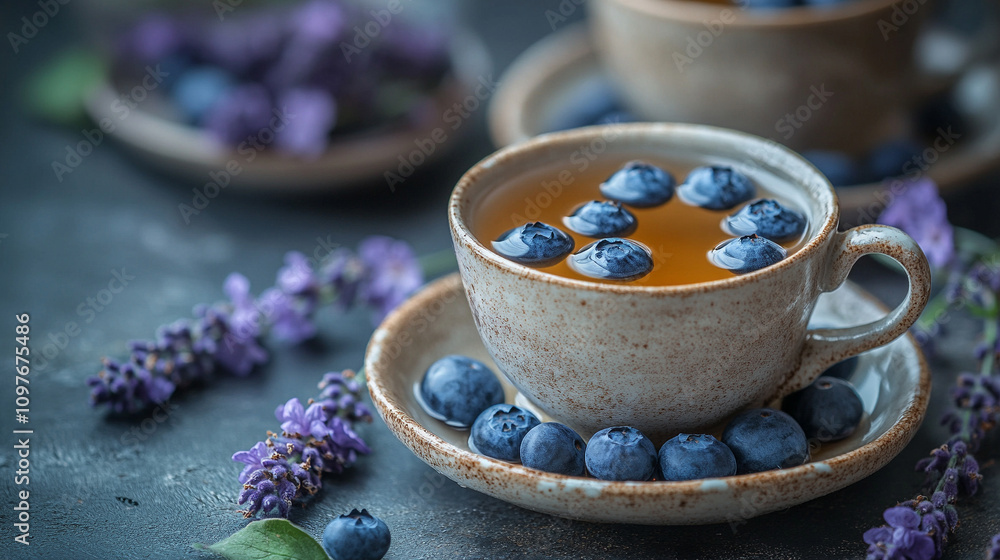 blueberries floating in lavender tea, surrounded by soft, ethereal light, symbolizing calm, purity, and balance in a tranquil, natural setting blueberries floating in lavender tea, surrounded by soft, ethereal light, symbolizing calm, purity, and balance in a tranquil, natural setting