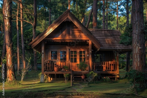 A charming wooden cabin nestled amidst tall pine trees, bathed in the warm glow of sunlight.