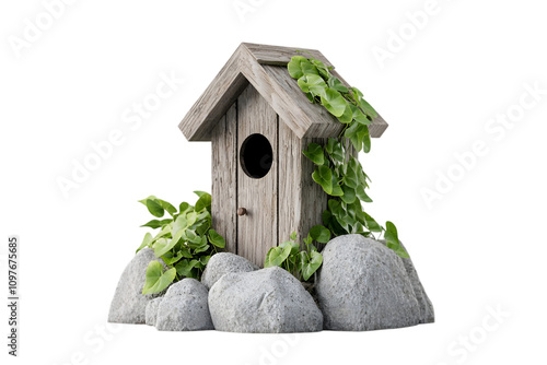 Rustic Wooden Birdhouse with Green Ivy and Rocks on White Background photo