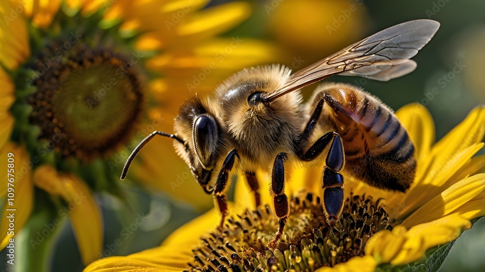 Bee gathering nectar from a vibrant sunflower in a sunny garden setting during the afternoon Bee gathering nectar from a vibrant sunflower in a sunny garden setting during the afternoon