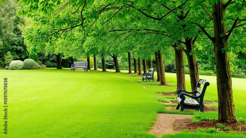 Obraz premium Serene Park Bench Under Lush Green Trees, Perfect for Relaxation and Enjoying Nature