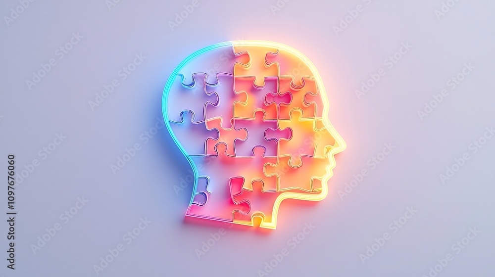 Glowing puzzle piece in the shape of a human head symbolizing the complex and multifaceted nature of mental health challenges Glowing puzzle piece in the shape of a human head symbolizing the complex and multifaceted nature of mental health challenges