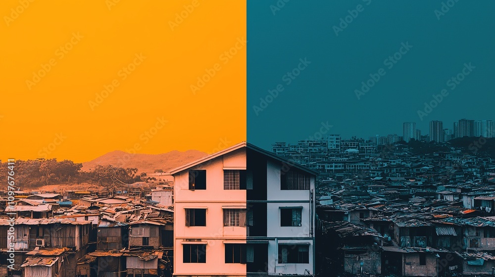 Fototapeta premium A dramatic visual showing the difference between luxurious living conditions and impoverished slums side side.
