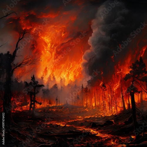 A dramatic scene of a forest consumed by towering flames, with thick smoke billowing into the sky. This image highlights the destructive power of nature and evokes themes of environmental disasters photo