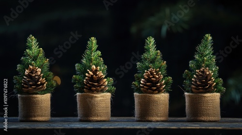 Four small, festive Christmas trees adorned with pine cones in decorative burlap pots arranged in a row, showcasing their holiday charm photo