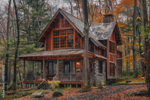 Rustic wooden cabin nestled in an autumnal forest, showcasing stunning fall foliage.