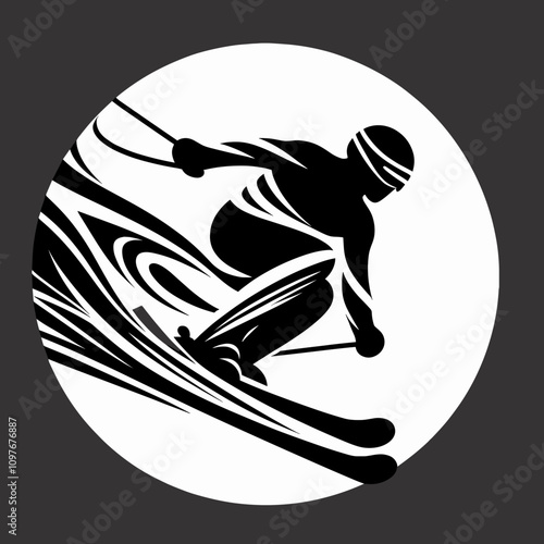 Dynamic black and white skier illustration descending slope with artistic motion lines