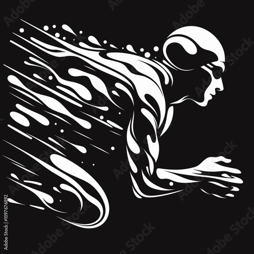 Dynamic black and white swimmer illustration in motion with flowing water effects