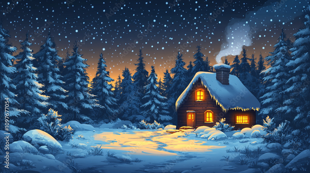 Fototapeta premium serene winter scene featuring a snow-covered landscape illuminated by soft, ambient light with ample empty space, perfect for overlaying text, evoking tranquility, nostalgia, and seasonal joy