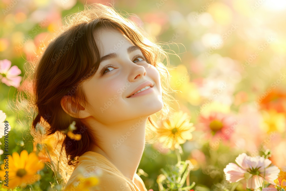 Fototapeta premium A positive, smiling girl sitting on a sunlit meadow . AI generative.