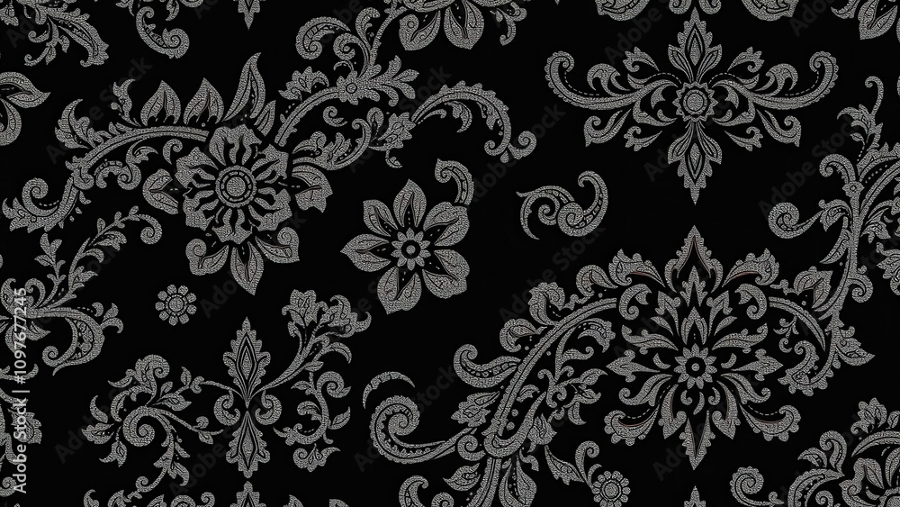 Fototapeta premium Elegant Black and Silver Damask Pattern Wallpaper for Luxurious Home Decor