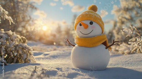 Funny snowman in stylish hat and yellow scalf on snowy field. Merry Christmass and happy New Year! photo