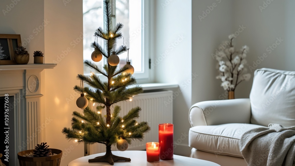 Cozy Christmas Living Room, Mini Decorated Tree with Warm Lights and Candles Cozy Christmas Living Room, Mini Decorated Tree with Warm Lights and Candles