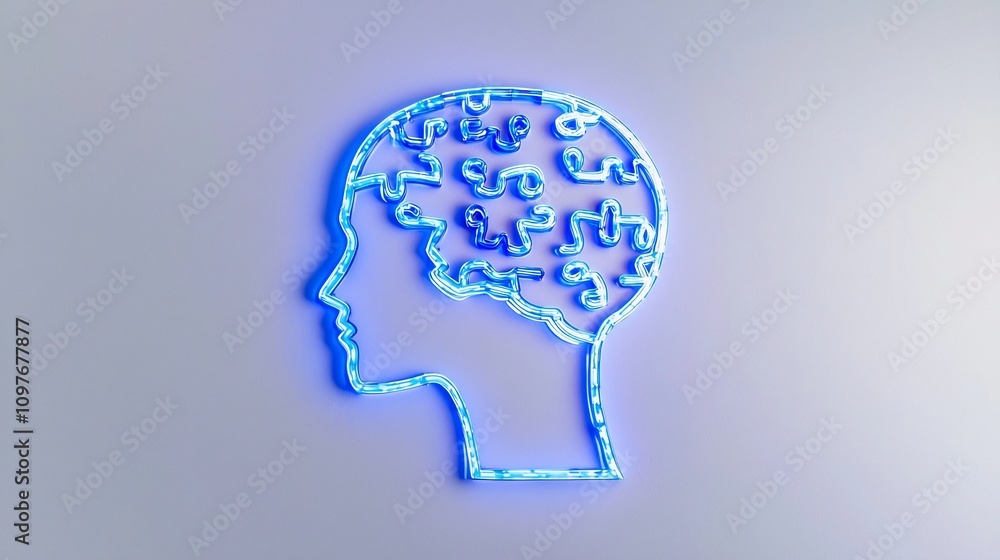 Luminous puzzle piece featured within a human head outline representing the concepts of mental health problem solving and the inner workings of the mind Set against a clean white background Luminous puzzle piece featured within a human head outline representing the concepts of mental health problem solving and the inner workings of the mind Set against a clean white background